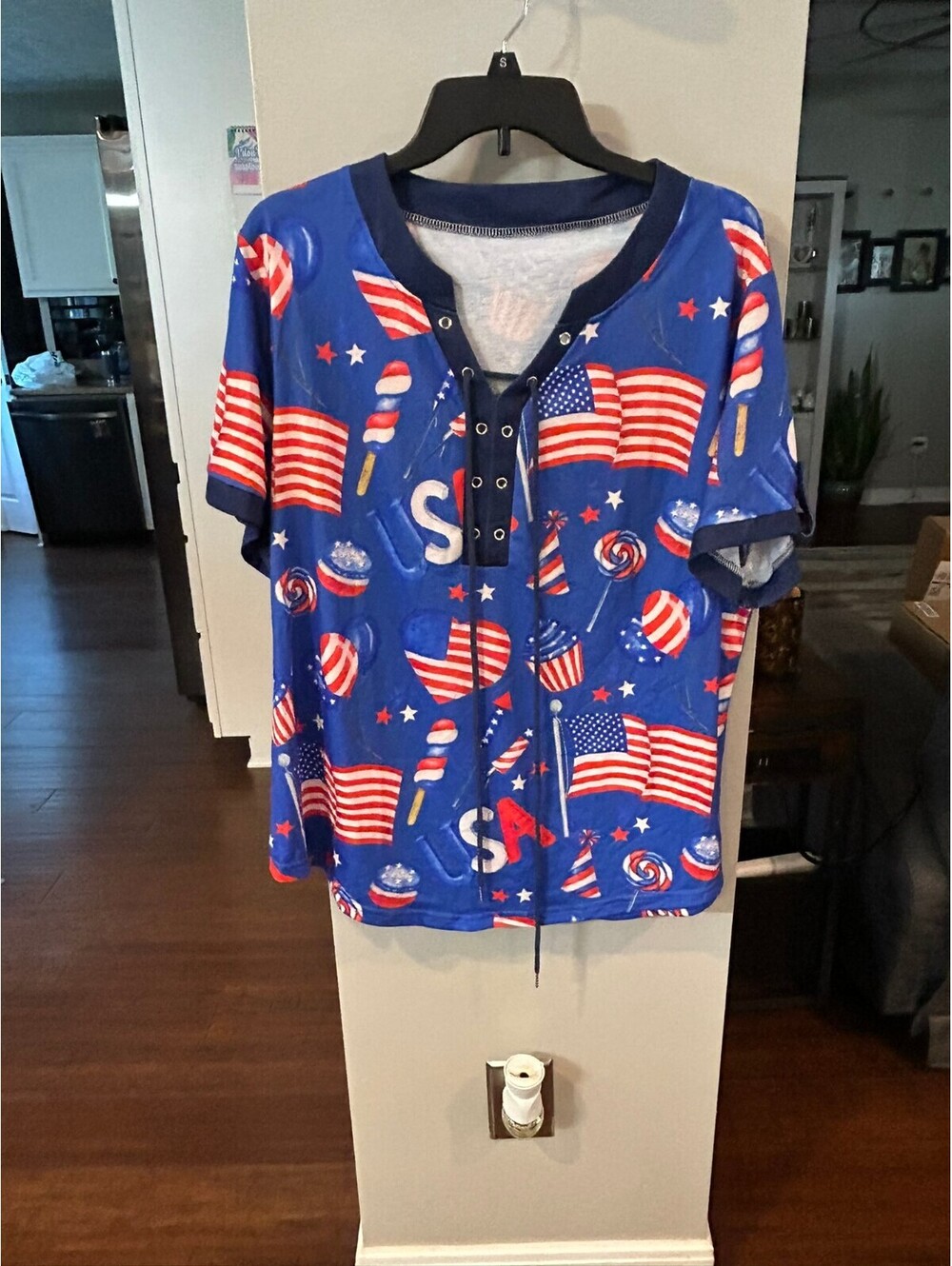 USA Themed Blue Lace-Up Short Sleeve Shirt with Flag and Candy Print